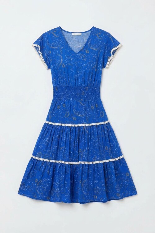 Saks V Yaka Nervürlü Çiçek Desenli Yazlık Viscon Elbise