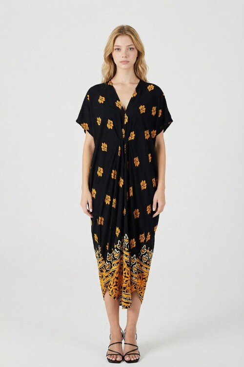 Sarı Desenli V Yaka Salaş Kesim Kaftan Elbise