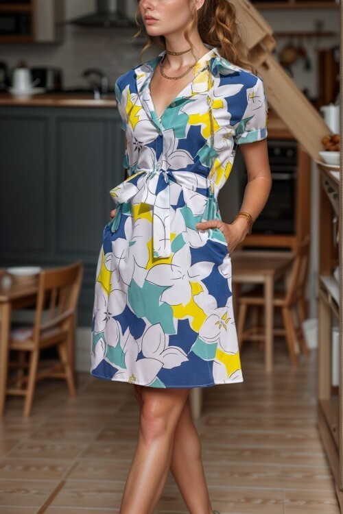 Sarı Lacivert Yarım Patlı Desenli Kendinden Kemerli Poplin Elbise