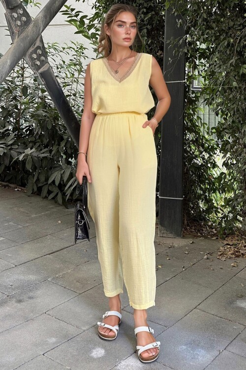 Sarı Müslin Beli Lastikli Cepli Salaş Pantolon