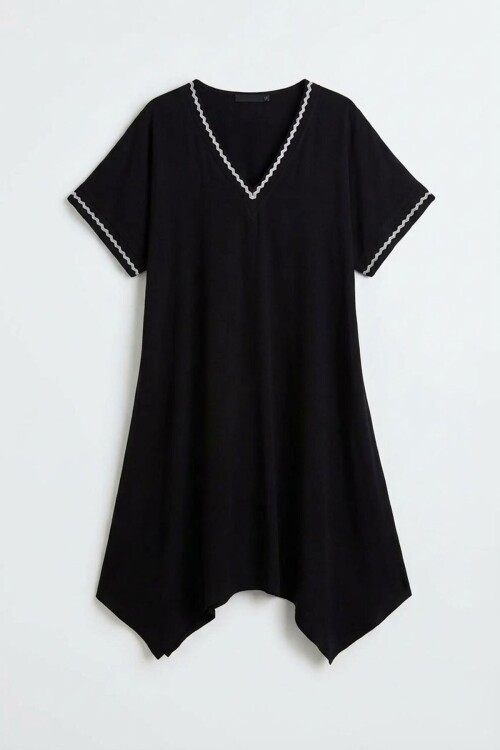 Siyah Asimetrik Kesim V Yaka Şeritli Rahat Kesim Viscon Elbise