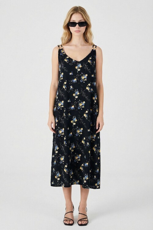 Siyah Askılı Boncuk Detaylı Çift Cepli Desenli Salaş Elbise