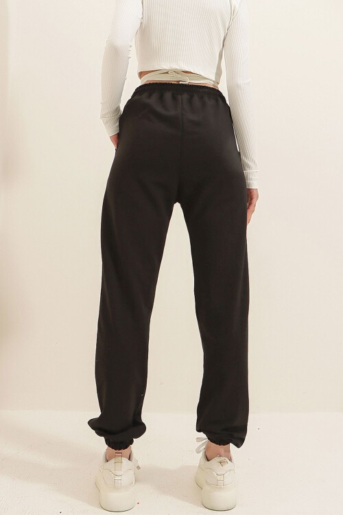 Siyah Ayıcık Baskılı Paçası Lastikli İki İplik Eşofman Altı BCHYL-251258