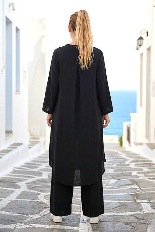 Alaçatı Keten Siyah Bağlamalı Kimono Takım