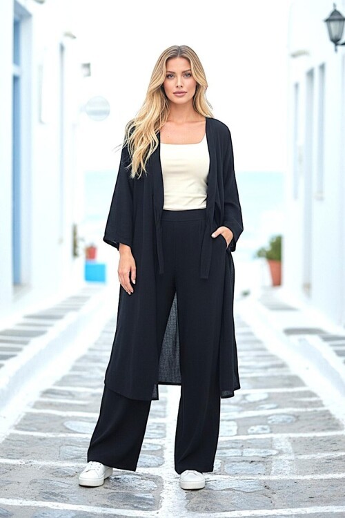 Alaçatı Keten Siyah Bağlamalı Kimono Takım