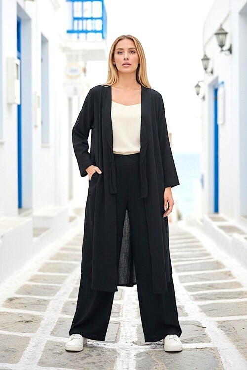 Alaçatı Keten Siyah Bağlamalı Kimono Takım