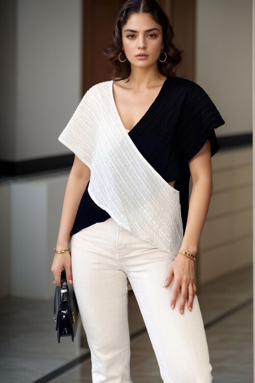 Siyah Bej Kruvaze Color Block Kendinden Dokulu Bluz