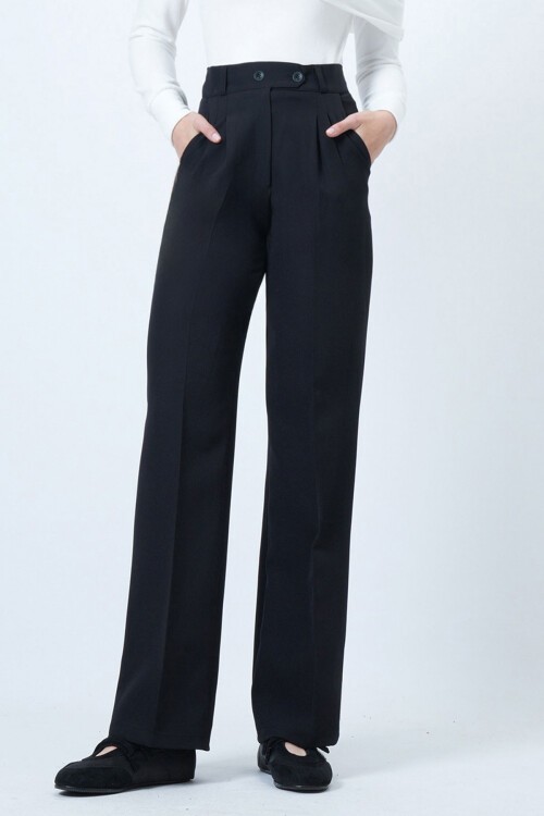 Siyah Beli Lastikli Düğme Kapamalı Çift Cepli Pantolon BCHAV-251229