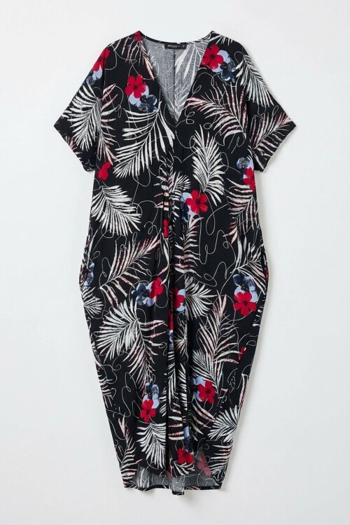 Siyah-Beyaz Desenli V Yaka Salaş Kesim Kaftan Elbise