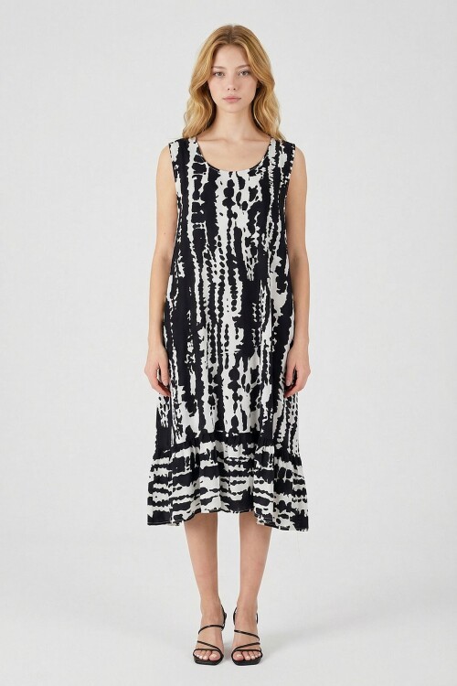 Siyah-Beyaz Oval Yaka Çift Cepli Volanlı Kolsuz Midi Elbise