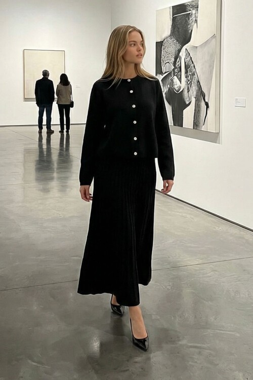 Siyah Bisiklet Yaka Düğmeli Hırka Ve Pliseli Midi Boy Etek Takım BCHPK-251252