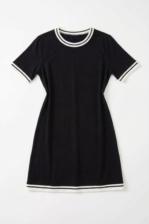 Siyah Bisiklet Yaka Ribana Şeritli Rahat Kalıp Viscon Elbise