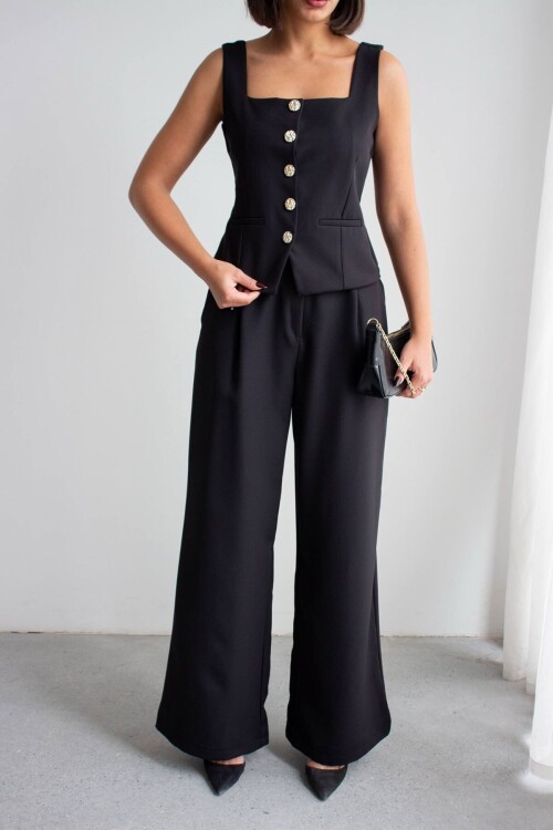 Siyah Brit Detaylı Kare Yaka Crep Bluz Ve Pantolon Alt Üst Takım