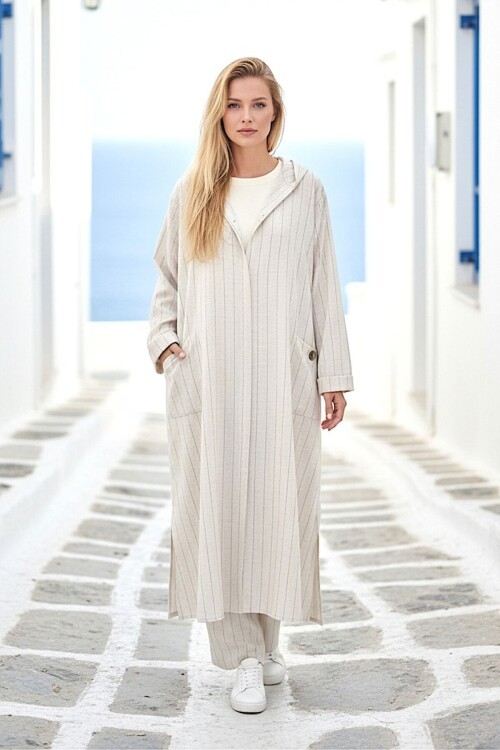 Alaçatı Keten Siyah Çizgili Kapüşonlu Uzun Takım