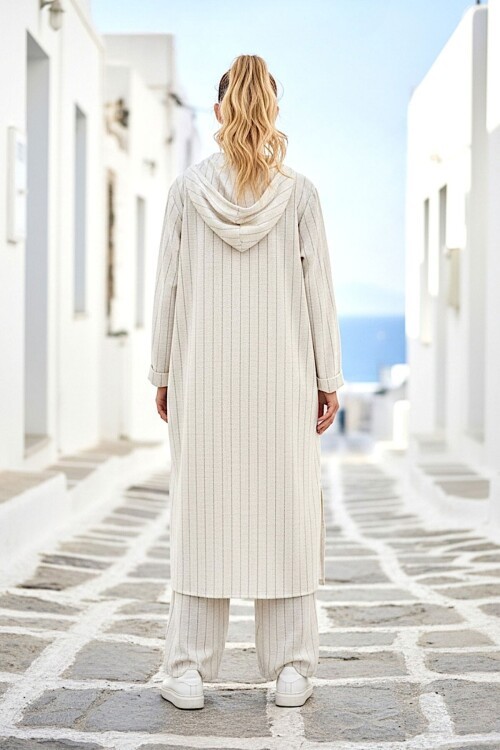 Alaçatı Keten Siyah Çizgili Kapüşonlu Uzun Takım