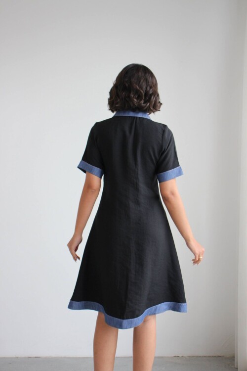 Siyah Denim Garnili Düğmeli Tensel Dokuma Elbise