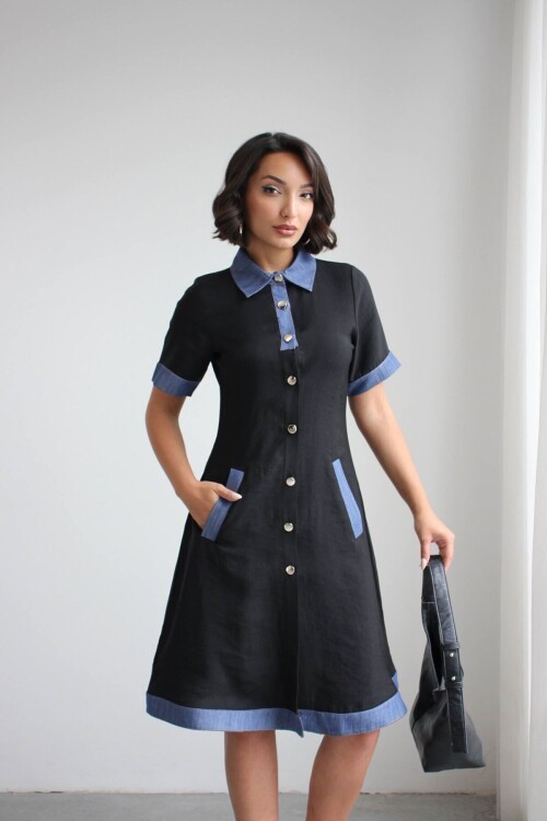 Siyah Denim Garnili Düğmeli Tensel Dokuma Elbise