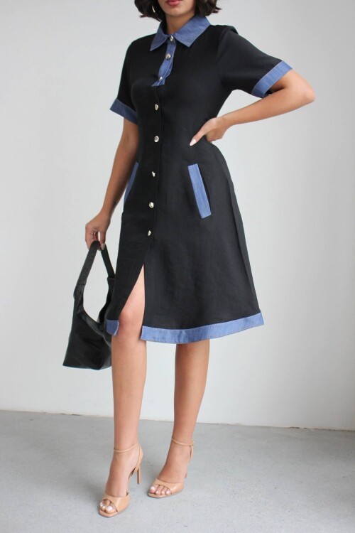 Siyah Denim Garnili Düğmeli Tensel Dokuma Elbise