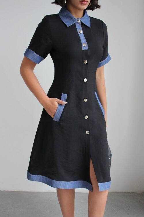 Siyah Denim Garnili Düğmeli Tensel Dokuma Elbise