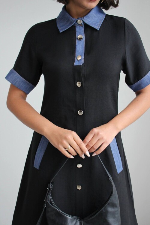 Siyah Denim Garnili Düğmeli Tensel Dokuma Elbise