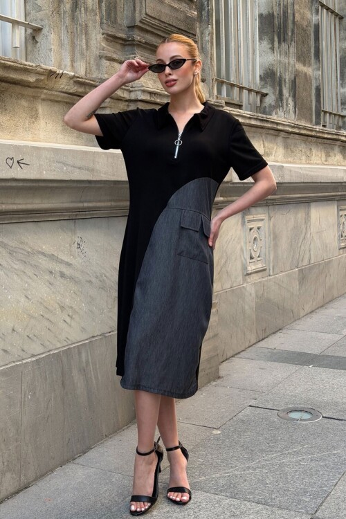 Siyah Fermuarlı Modal Kumaş Yarı Tensel Elbise