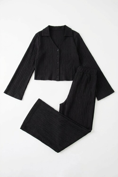 Siyah Geniş Kol Düğme Detaylı Yakalı Bluz Ve Palazzo Pantolon Alt Üst Takım