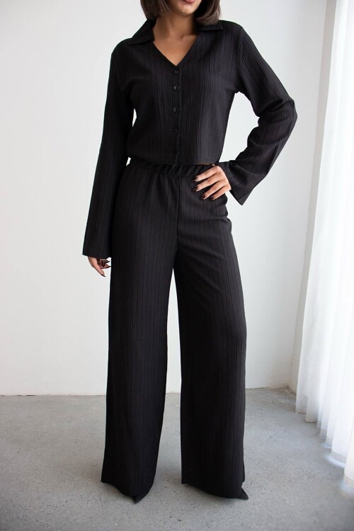 Siyah Geniş Kol Düğme Detaylı Yakalı Bluz Ve Palazzo Pantolon Alt Üst Takım