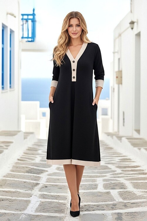 Siyah Göğüse Kadar Düğmeli Modal Kumaş Elbise