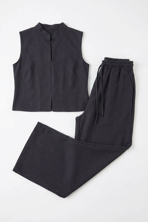 Siyah Hakim Yaka Bluz Ve Beli Lastikli Dokuma Pantolon Alt Üst Takım