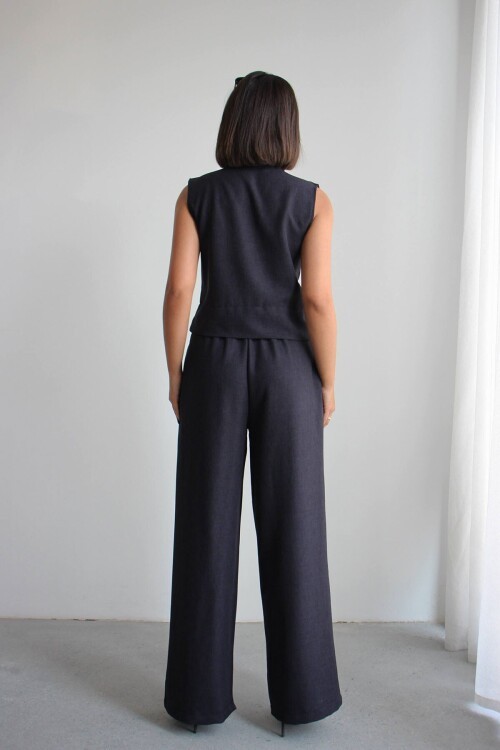 Siyah Hakim Yaka Bluz Ve Beli Lastikli Dokuma Pantolon Alt Üst Takım