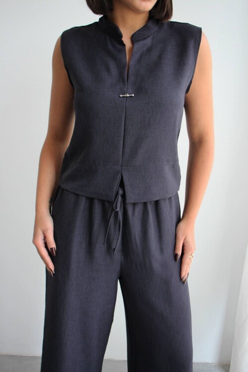 Siyah Hakim Yaka Bluz Ve Beli Lastikli Dokuma Pantolon Alt Üst Takım