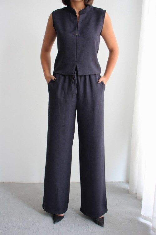 Siyah Hakim Yaka Bluz Ve Beli Lastikli Dokuma Pantolon Alt Üst Takım