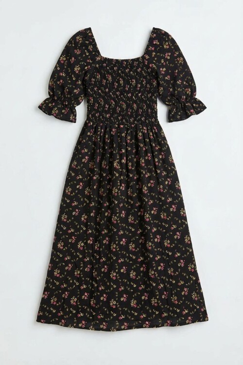 Siyah Kare Yaka Beli Gipeli Çiçek Desenli Dokuma Yazlık Elbise