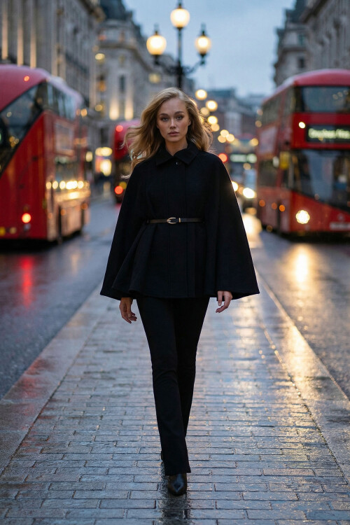 Siyah Kemer Detaylı Kaşe Pelerin Kaban BCHNV-251224