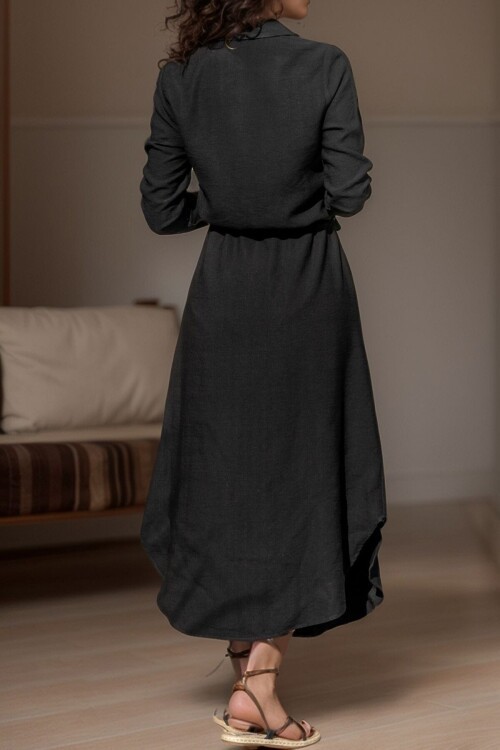 Siyah Keten Beli Büzgülü Hasır Kemerli Gömlek Elbise