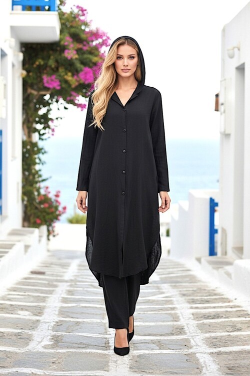 Alaçatı Keten Siyah Keten Gömlek Takım