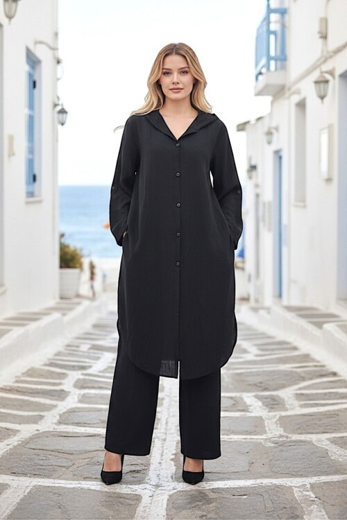Alaçatı Keten Siyah Keten Gömlek Takım