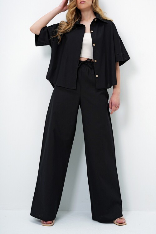 Siyah Keten Gömlek Ve Palazzo Pantolon Takım