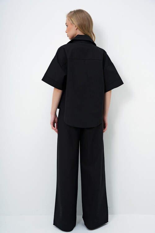 Siyah Keten Gömlek Ve Palazzo Pantolon Takım