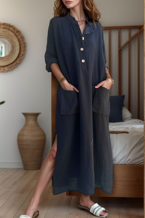 Siyah Müslin Yarım Patlı Cepli Yırtmaçlı Bol Kesim Salaş Elbise