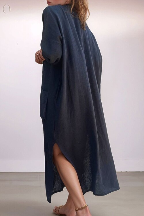 Siyah Müslin Yarım Patlı Cepli Yırtmaçlı Bol Kesim Salaş Elbise