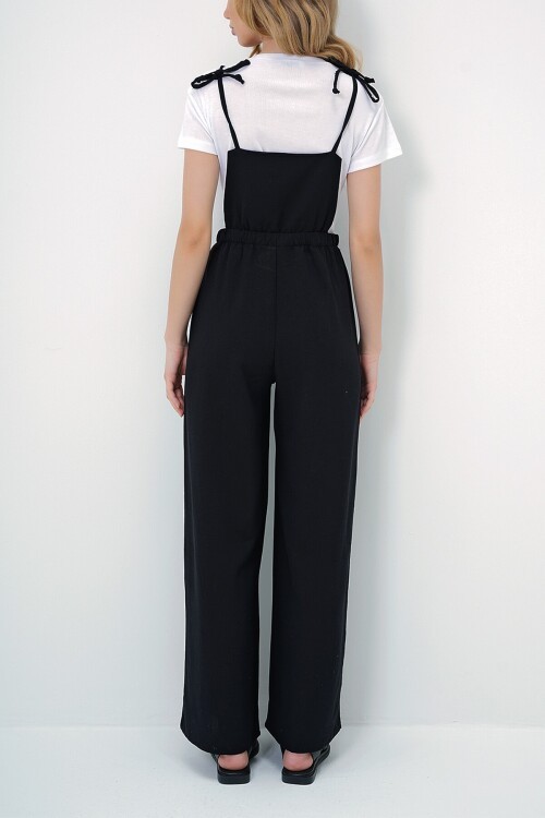 Siyah Önü Cepli Askılı Halka Detaylı Aerobin Salopet Pantolon