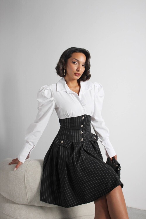 Siyah Pileli Çizgili Dokuma Gömlek Elbise