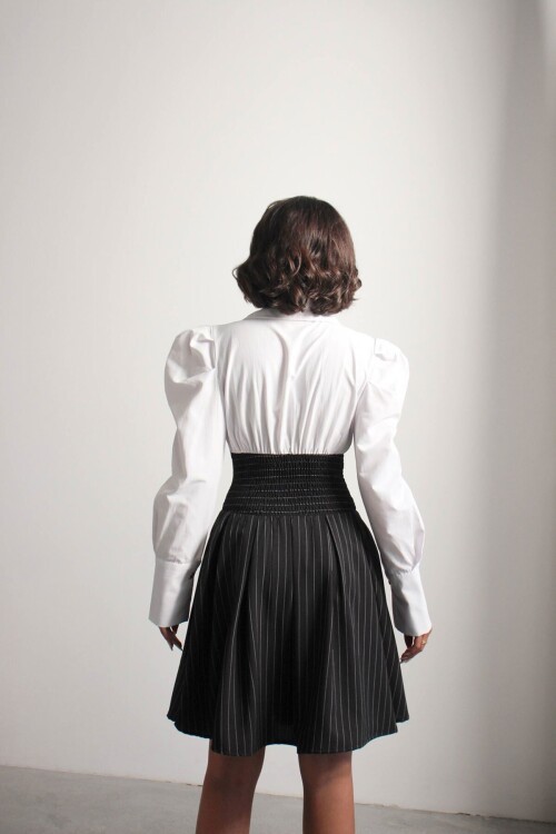 Siyah Pileli Çizgili Dokuma Gömlek Elbise