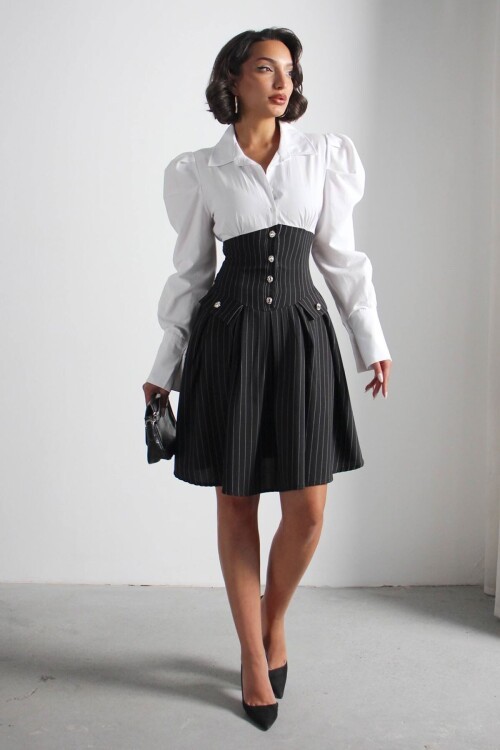 Siyah Pileli Çizgili Dokuma Gömlek Elbise