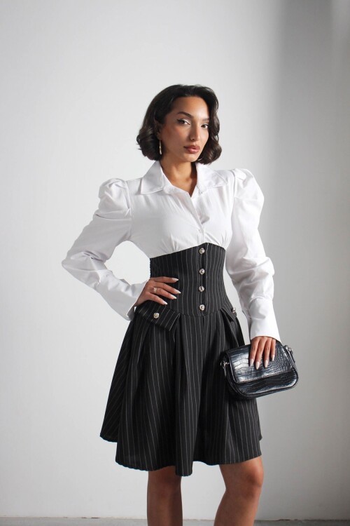 Siyah Pileli Çizgili Dokuma Gömlek Elbise