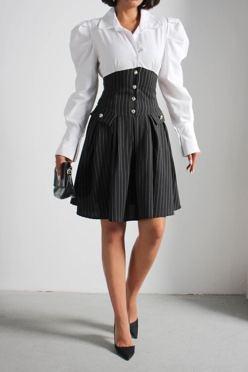 Siyah Pileli Çizgili Dokuma Gömlek Elbise