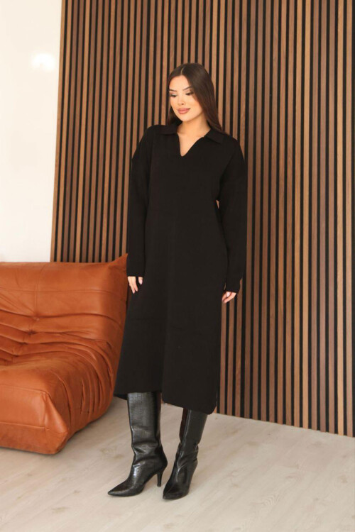 Siyah Polo Yaka Midi Boy Triko Elbise BCES-253018