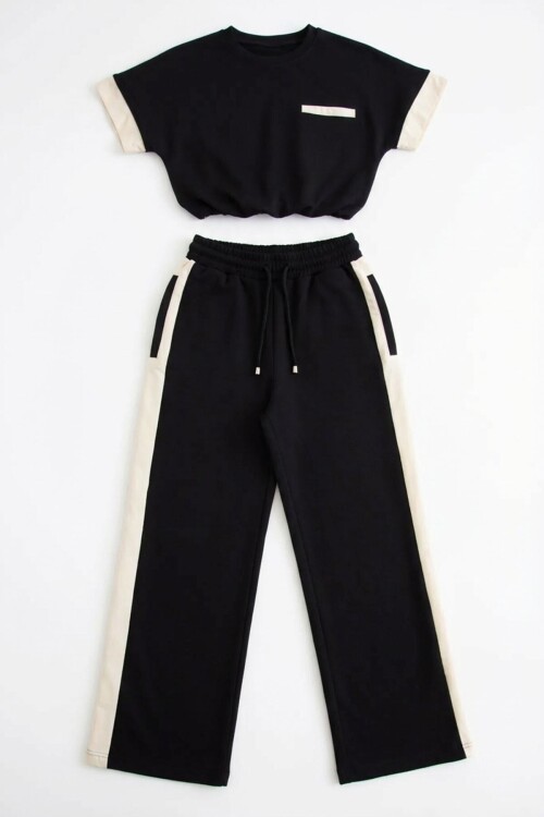 Siyah Renk Bloklu Beli Lastikli Yumuşak Dokulu Kumaş Alt Üst Takım