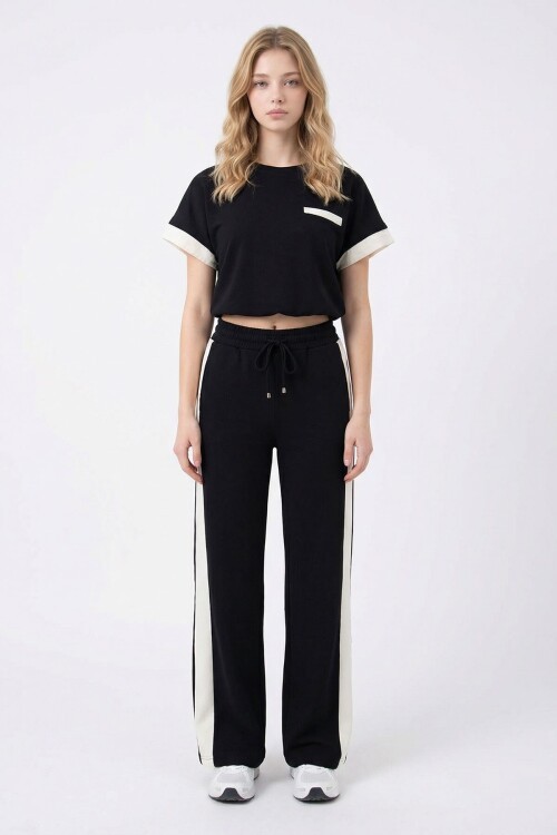 Siyah Renk Bloklu Beli Lastikli Yumuşak Dokulu Kumaş Alt Üst Takım